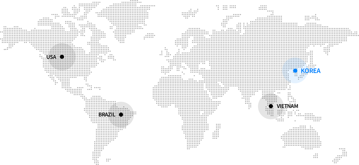 It is indicated by HANAMICRON's global world map, marked on USA, BRAZIL, VIETNAM, and KOREA, and selected on KOREA.