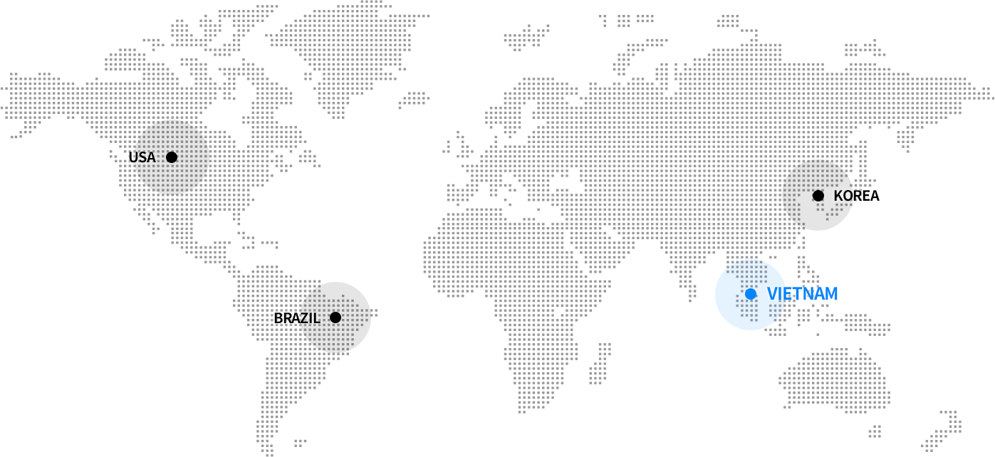 It is indicated by HANAMICRON's global world map, marked on USA, BRAZIL, VIETNAM, and KOREA, and selected on VIETNAM.